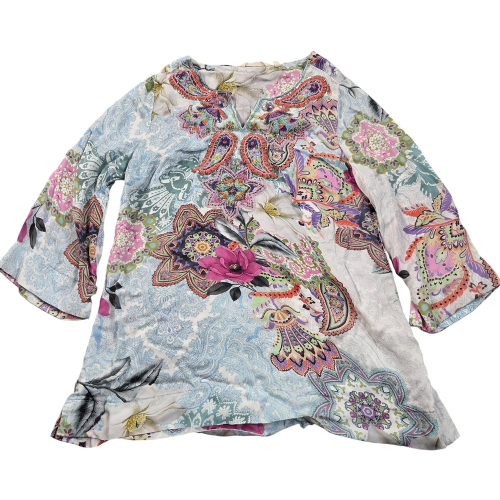 Soft Surroundings Blouse Womens Medium Multicolor Beaded Paisley Boho Tunic Top
